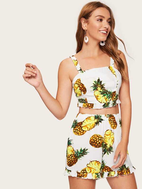 

Lace-up Back Pineapple Ruffle Top and Skirt Set, White, Luiza