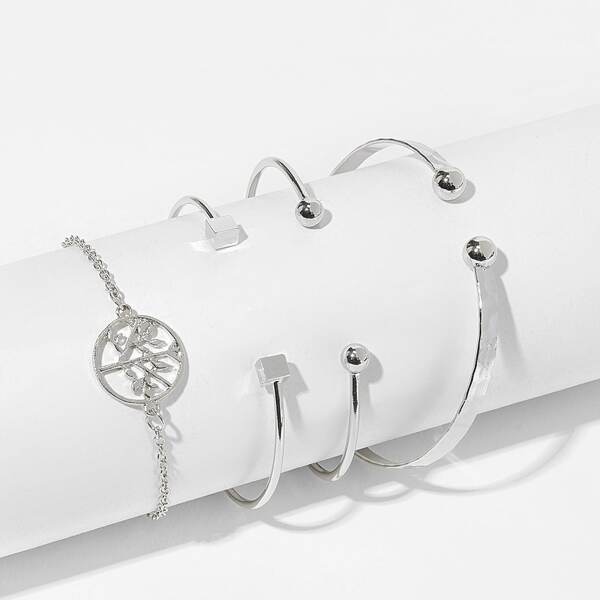 

Geometric & Tree Detail Bracelet Set 4pcs, Silver