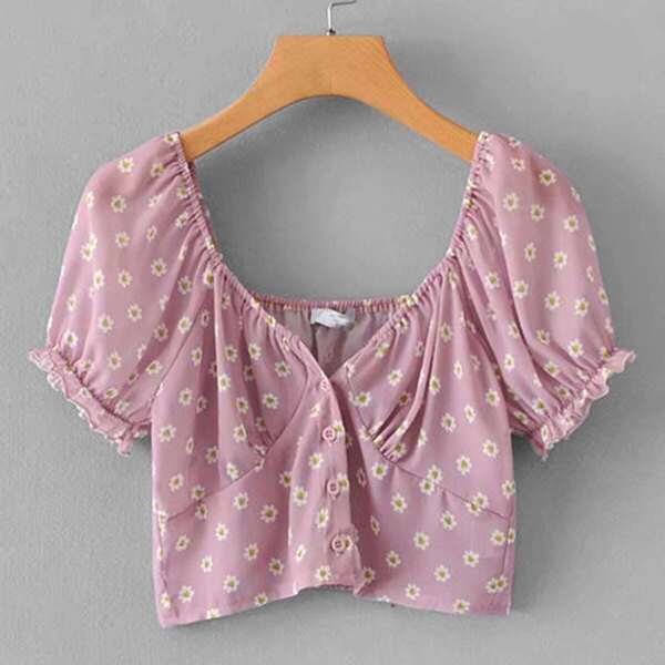 

Ditsy Floral Button Through Shirred Crop Top