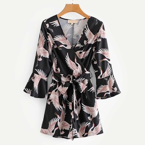 Self Tie Flounce Sleeve Crane Print Romper