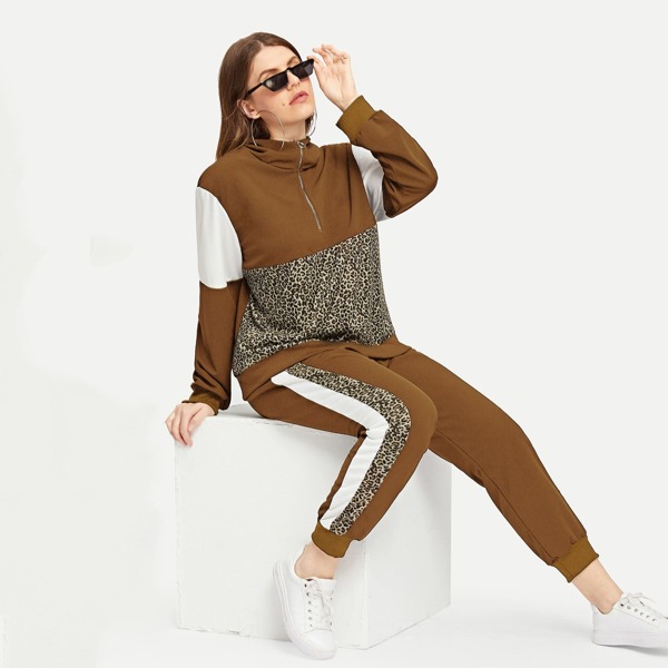 

Plus Half Placket Color Block Hoodie & Sweatpants Set