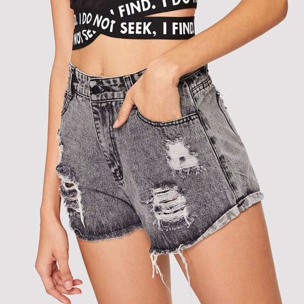 

Ripped Raw Hem Denim Shorts, Grey