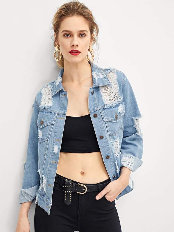 

Flap Pocket Front Ripped Denim Jacket, Blue, Victoriab
