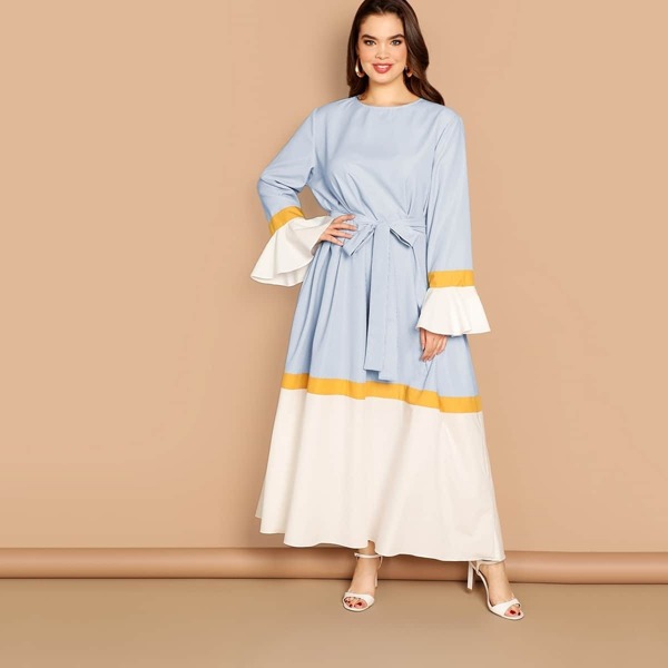 

Plus Colorblock Flounce Sleeve Belted Dress, Multicolor