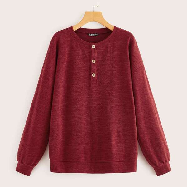 

Button Front Heather Knit Pullover