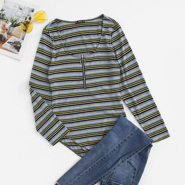 

Plus Zip Front Rib Knit Striped Bodysuit