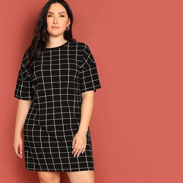 

Plus Drop Shoulder Grid Dress