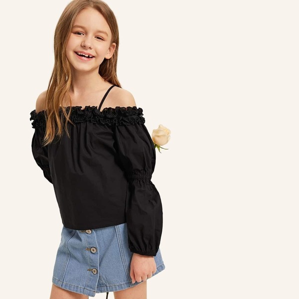 

Girls Frilled Trim Cold Shoulder Blouse, Black