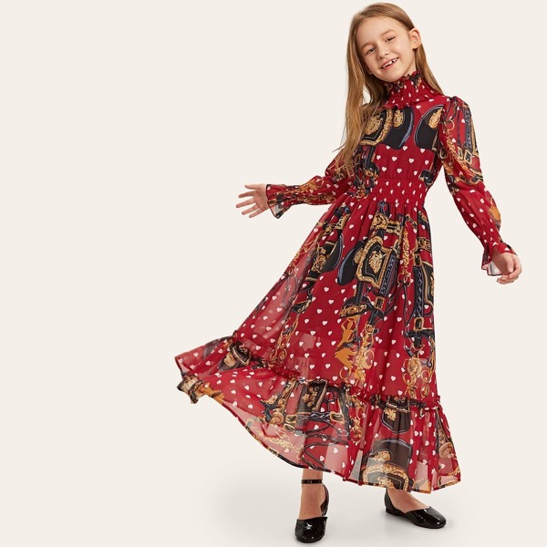 

Girls Elastic Waist Ruffle Hem Chain Print Maxi Dress, Multicolor