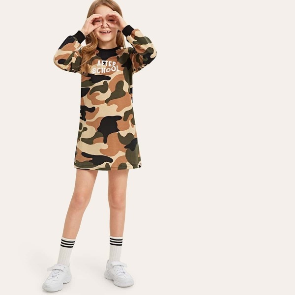 

Girls Camo & Letter Print Tunic Dress