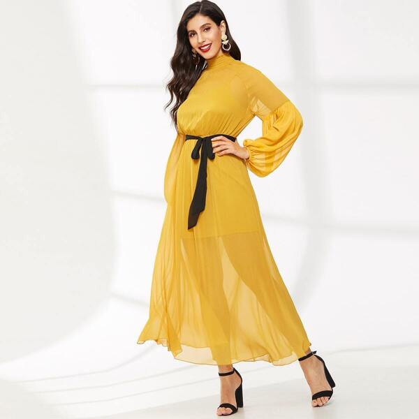 

Smocked Neck Bishop Sleeve Belted Dress With Cami, Yellow