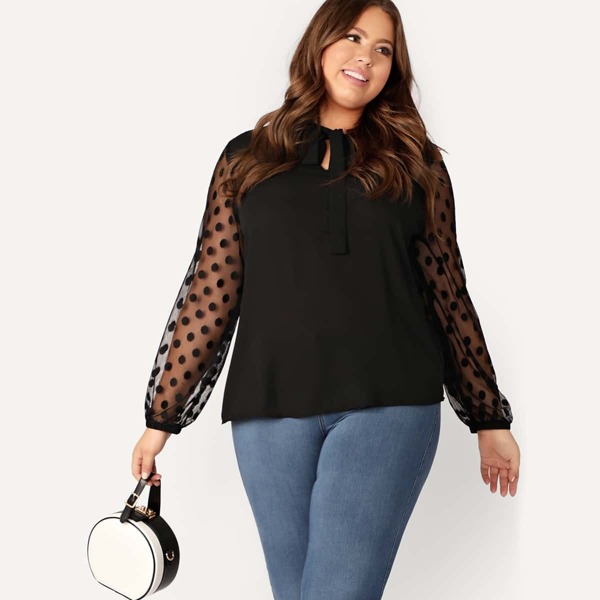 

Plus Cut Out Tie Neck Dot Mesh Sleeve Blouse