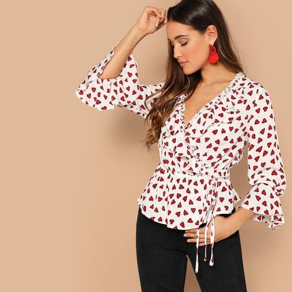 

Heart Print Ruffle Trim Wrap Top, Multicolor
