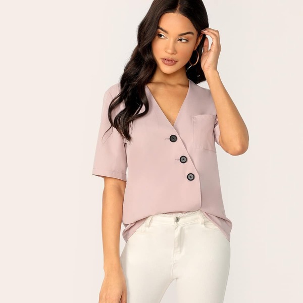 

Pocket Patched Single Breasted Surplice Blouse, Pink