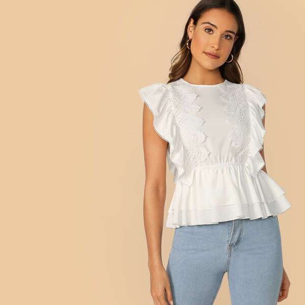 

Ruffle Armhole Lace Applique Layered Peplum Top, White