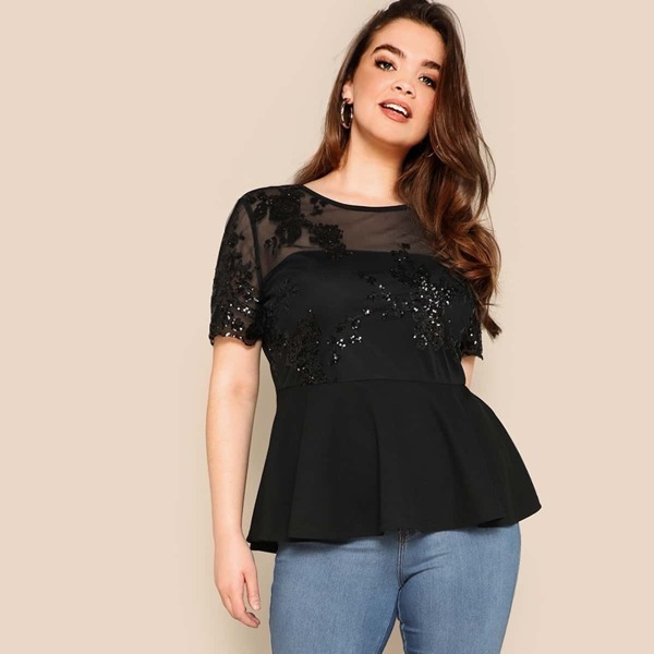 

Plus Mesh Yoke Sequin Patched Peplum Blouse
