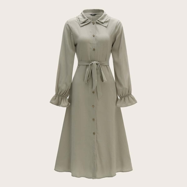 

60s Flounce Sleeve Layered Collar Belted Shirt Dress