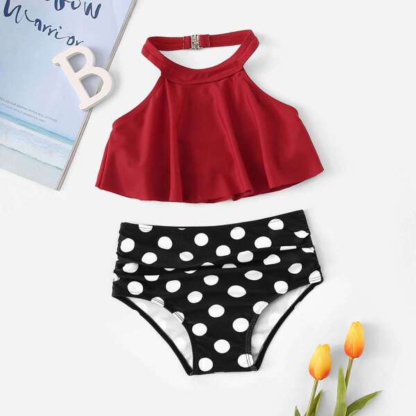 

Toddler Girls Halter Top With Polka Dot Bikini