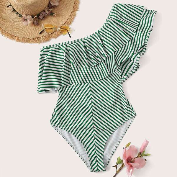 

Striped One Shoulder Flounce One Piece Swimwear