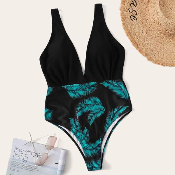 

Random Leaf Print Ruched Plunging One Piece Swimsuit, Multicolor