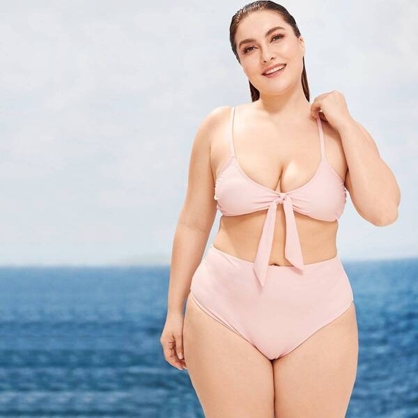 

Plus Knot Front Top With High Waist Bikini Set, Pink pastel