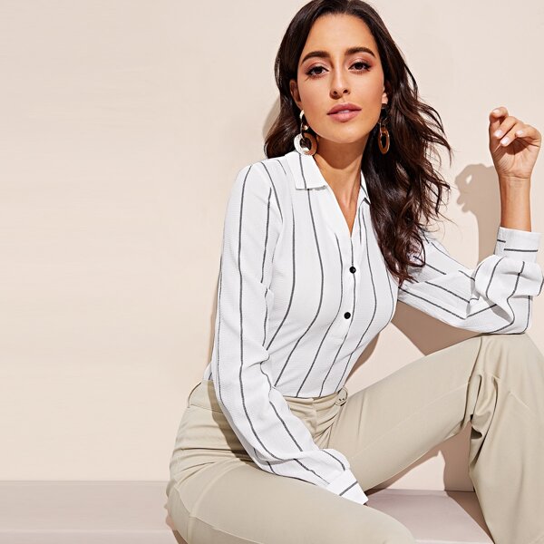 

Button Half Placket Striped Top, White