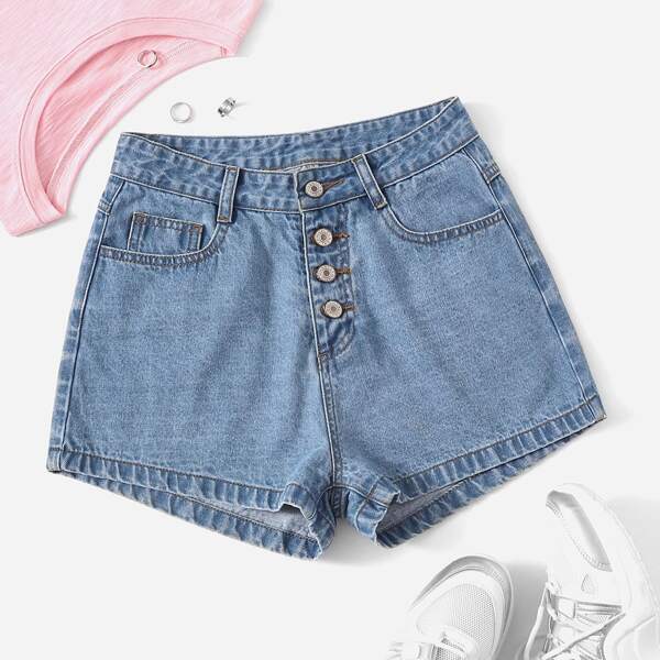 

Pocket Detail Buttoned Fly Denim Shorts