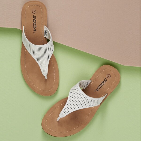 

Perforated T-Strap Slide On Flat Sandals, White