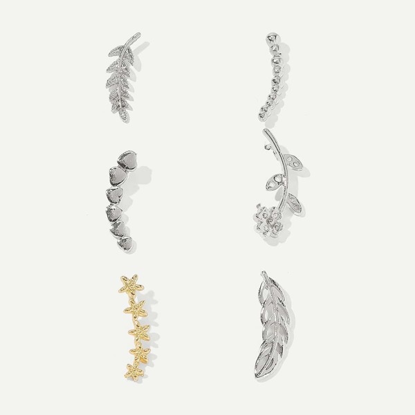 

Leaf & Heart Detail Stud Earrings 6pcs, Silver