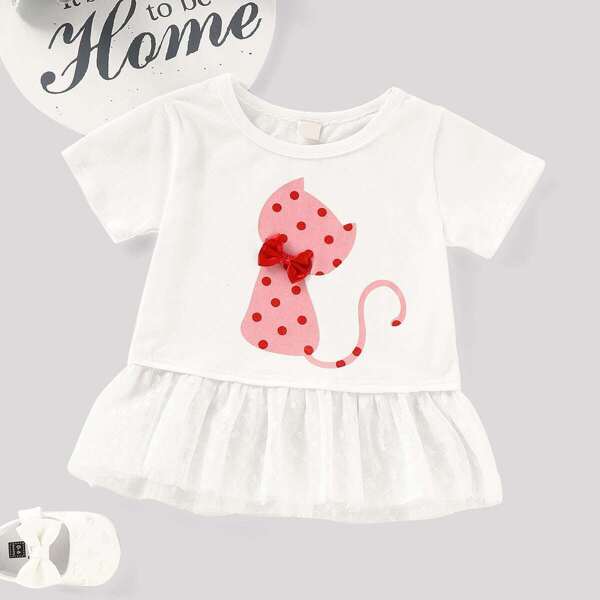 

Футболка с контрастной сетчатой вставкой и мультяшным принтом для маленьких девочек, Белые