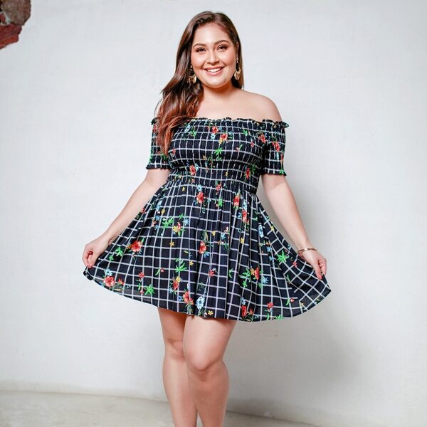 

Plus Off Shoulder Frill Plaid Dress