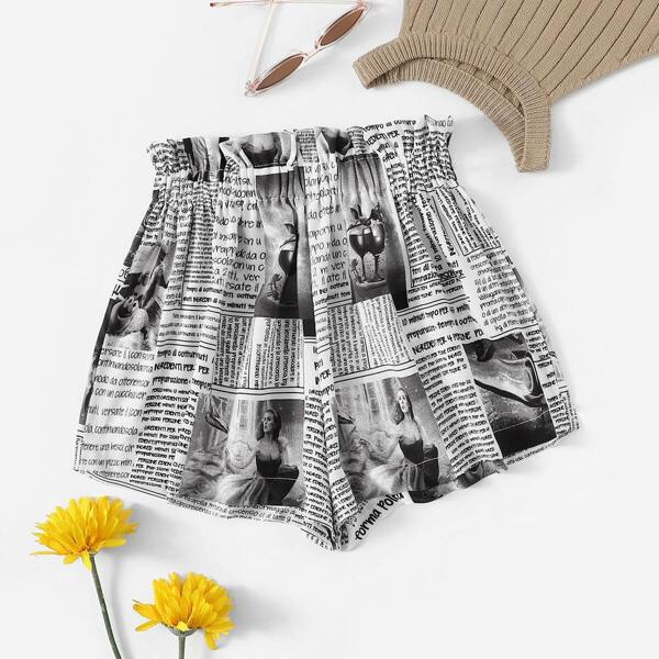 

Elastic Waist Magazine Print Paperbag Shorts
