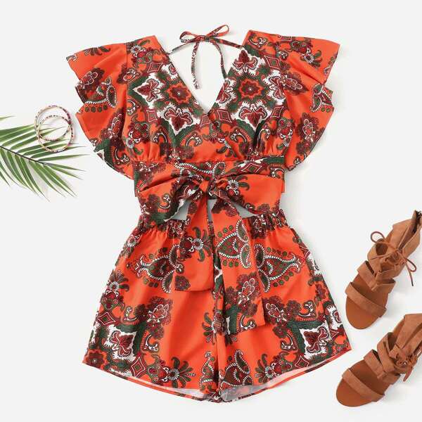 

Baroque Print Knot Hem Butterfly Sleeve Top With Shorts