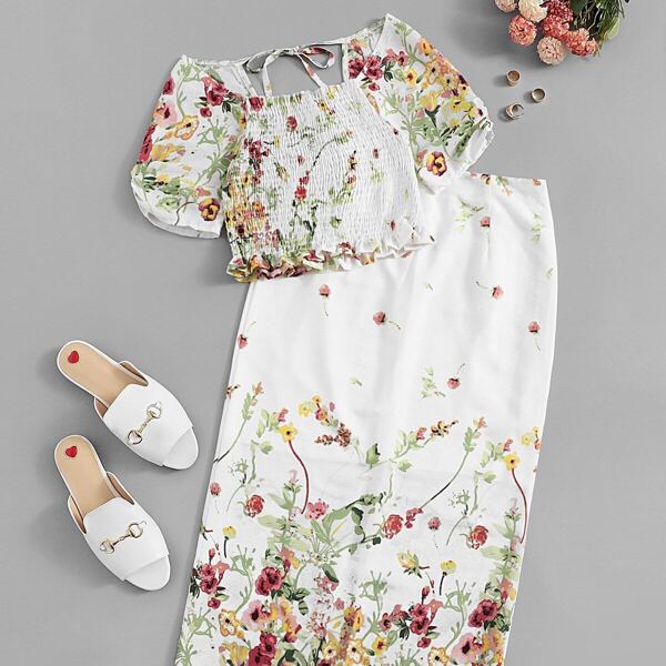 

Floral Print Shirred Top With Skirt