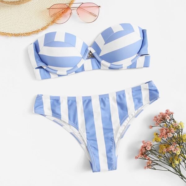 

Striped Underwire Bandeau Bikini Set, Multicolor pastel