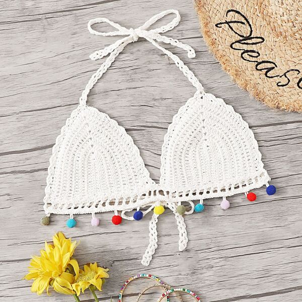 

Pom Pom Trim Crochet Halter Bikini Top