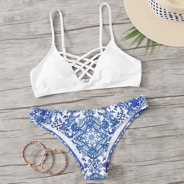 

Criss Cross Front Top With Porcelain Print Bikini