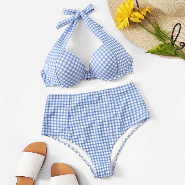

Gingham Halter Top With High Waist Bikini Set