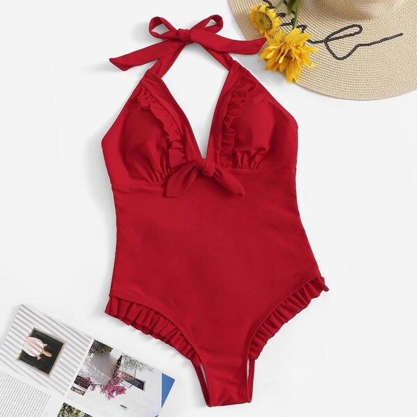 

Frill Trim Halter One Piece Swimsuit