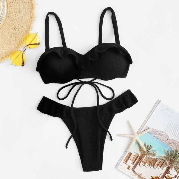 

Ruffle Trim Thin Strap Top With Cheeky Bikini Set