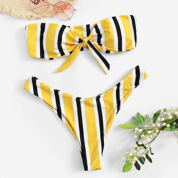 

Random Striped Knot Front Bandeau With High Cut Bikini, Multicolor