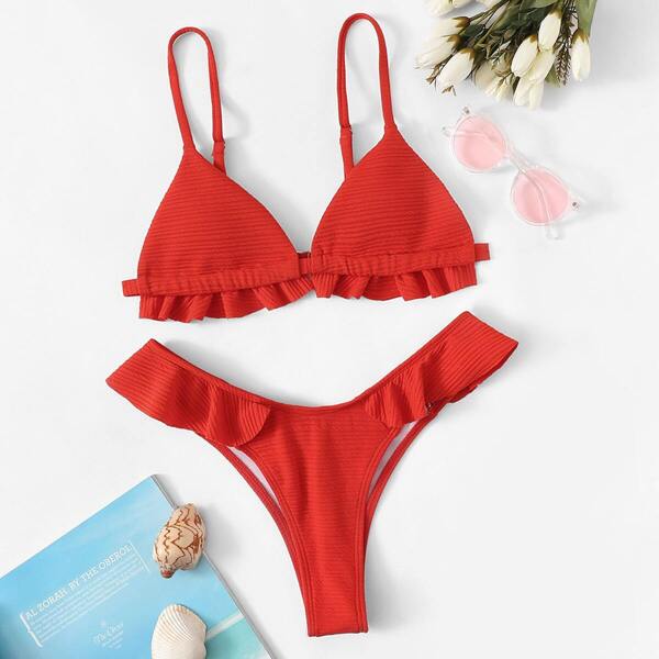 

Frill Trim Triangle Top With High Cut Bikini Set, Red bright