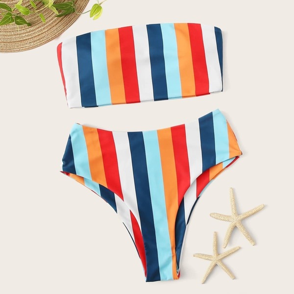 

Random Striped Bandeau With High Leg Bikini, Multicolor