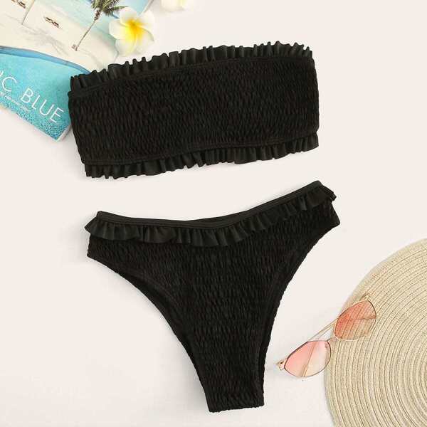 

Frill Trim Smocked Bandeau Bikini Set, Black