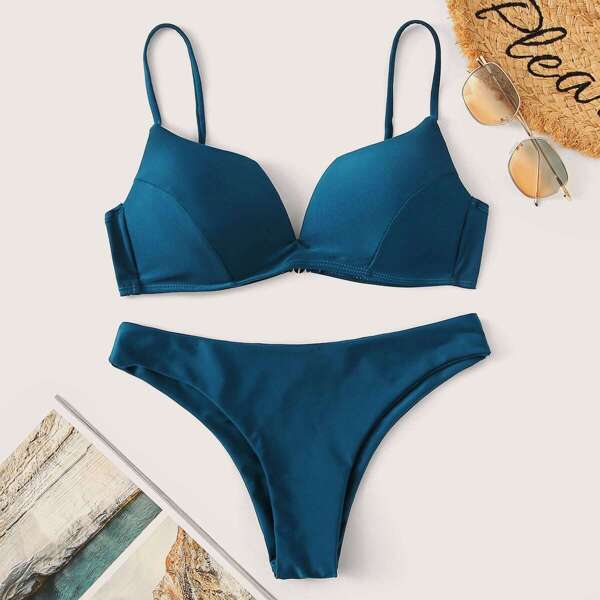 

Adjustable Straps Seam Top With Hipster Bikini Set, Blue