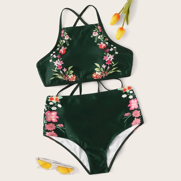 

Floral Criss Cross Top With High Waist Bikini