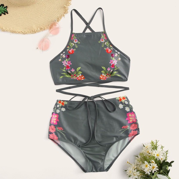 

Criss Cross Floral Top With High Waist Bikini