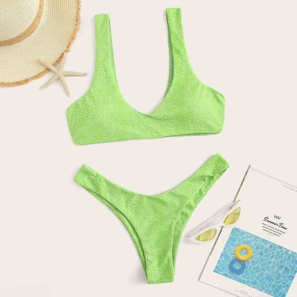 

Dot Print Top With High Leg Bikini Set