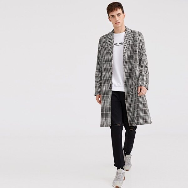 

Men Notch Collar Single Breasted Plaid Coat, Grey