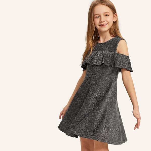 

Girls Glitter Cold Shoulder Ruffle Trim Dress